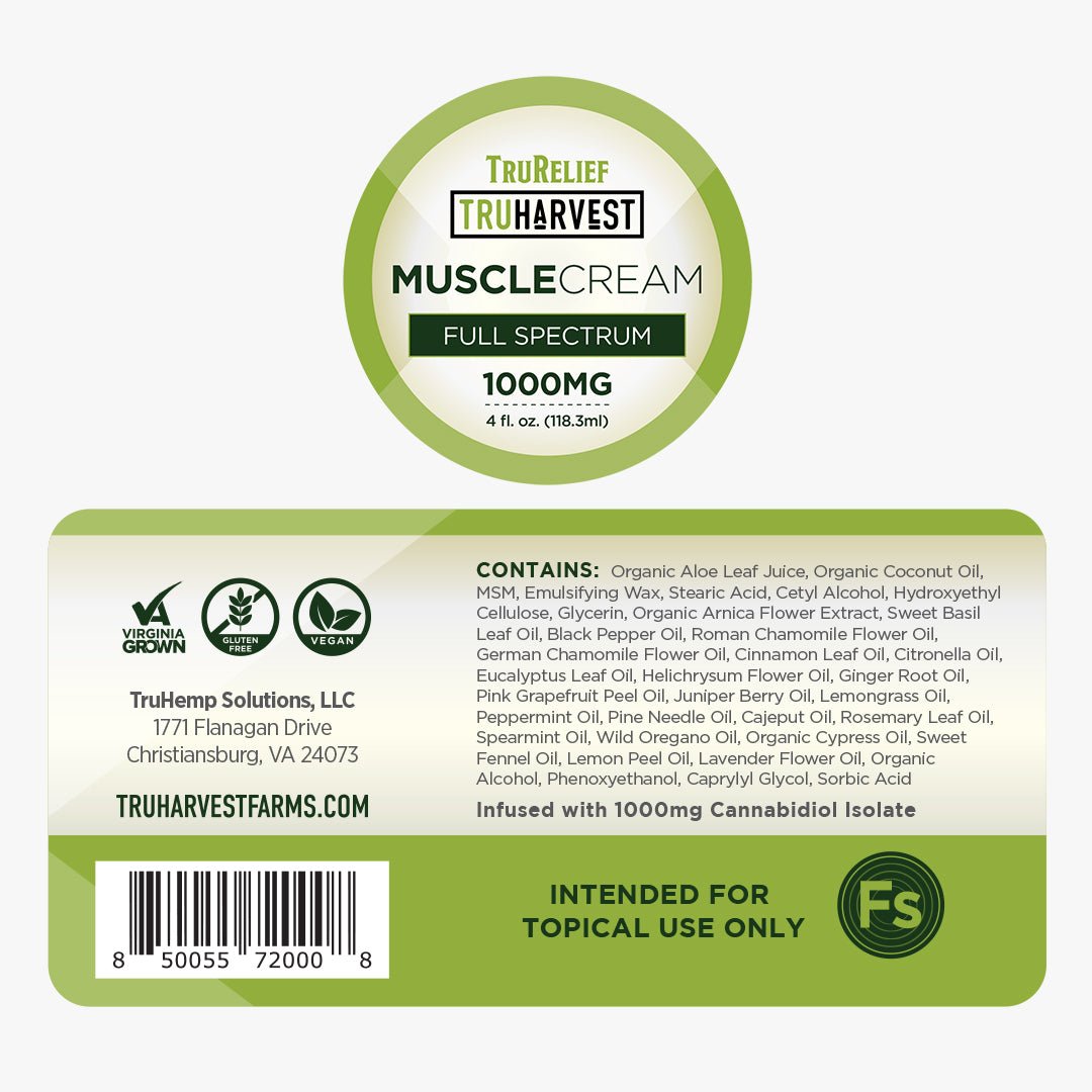 TruRelief CBD Muscle Cream Full Spectrum - 1000 mg 4 oz - TruHarvest Farms